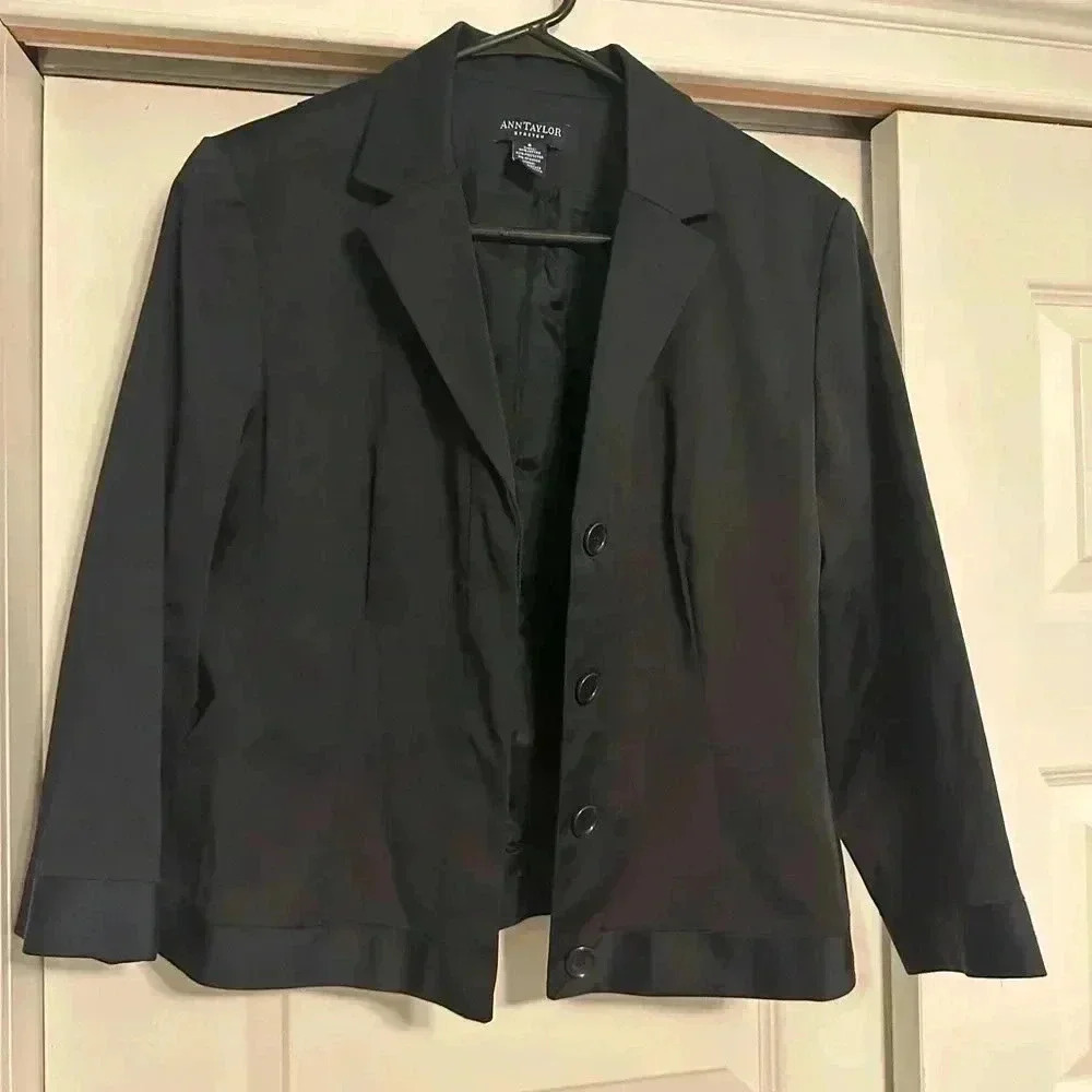 Ann Taylor Women’s Stretch Navy Blue Career Blazer Jacket Hidden Buttons Size 8